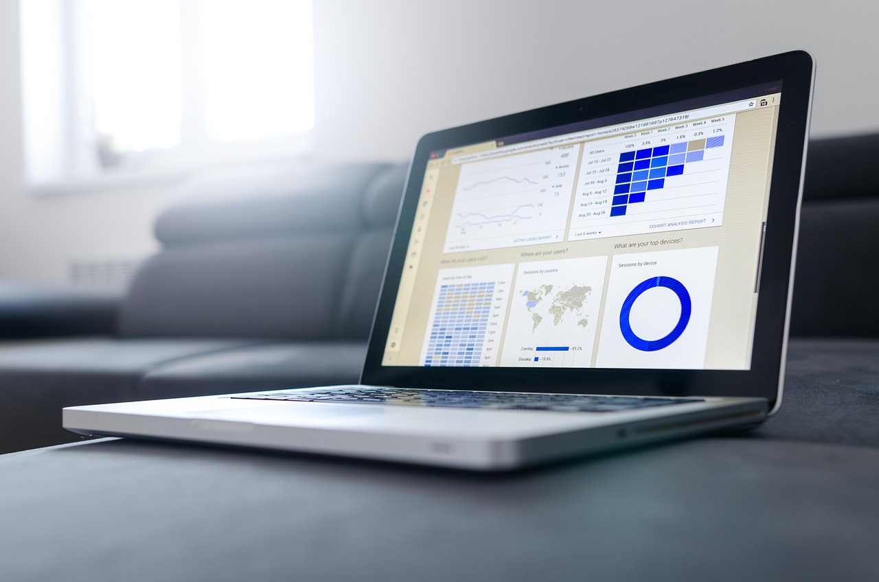 Charts and statistics on a laptop screen